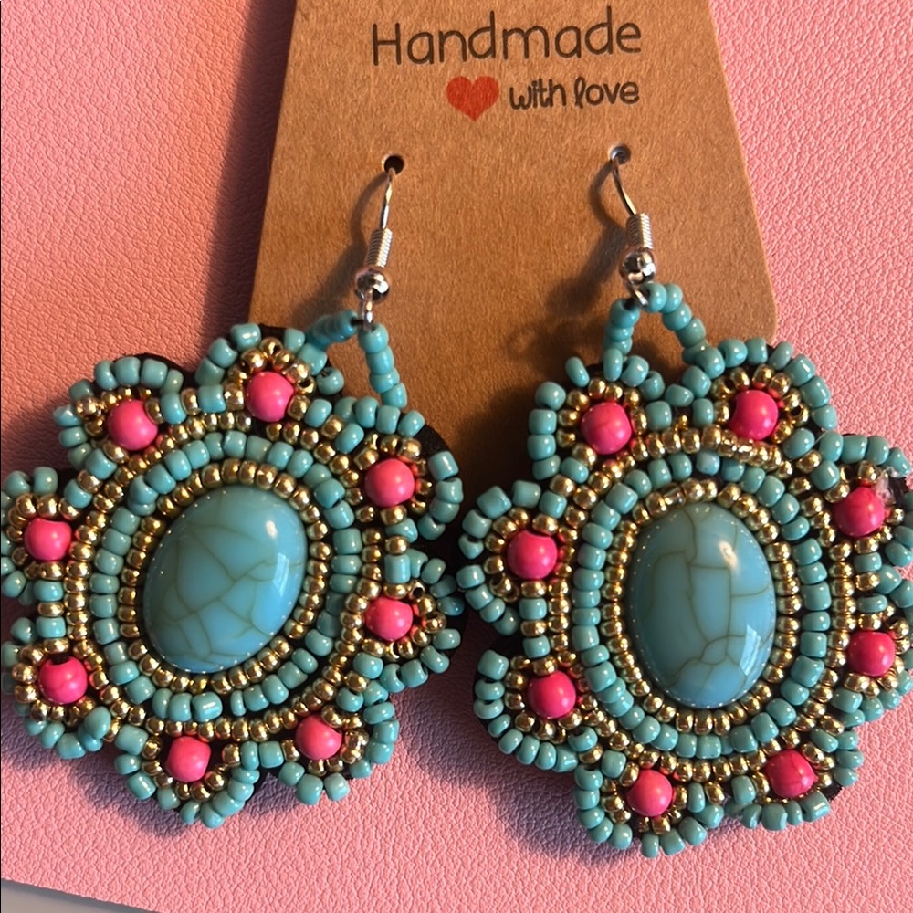 Handmade Beaded Earrings with Turquoise and Pink Beads